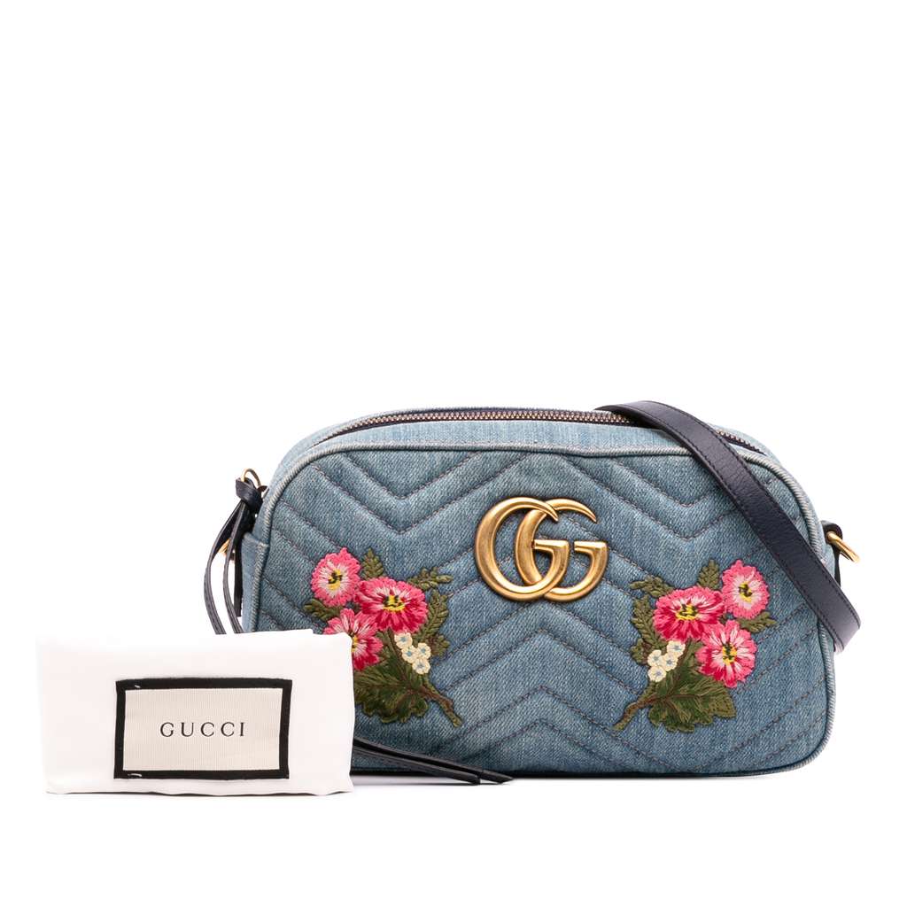 Gucci Small GG Marmont Embroidered Matelasse Denim Crossbody - Image 13