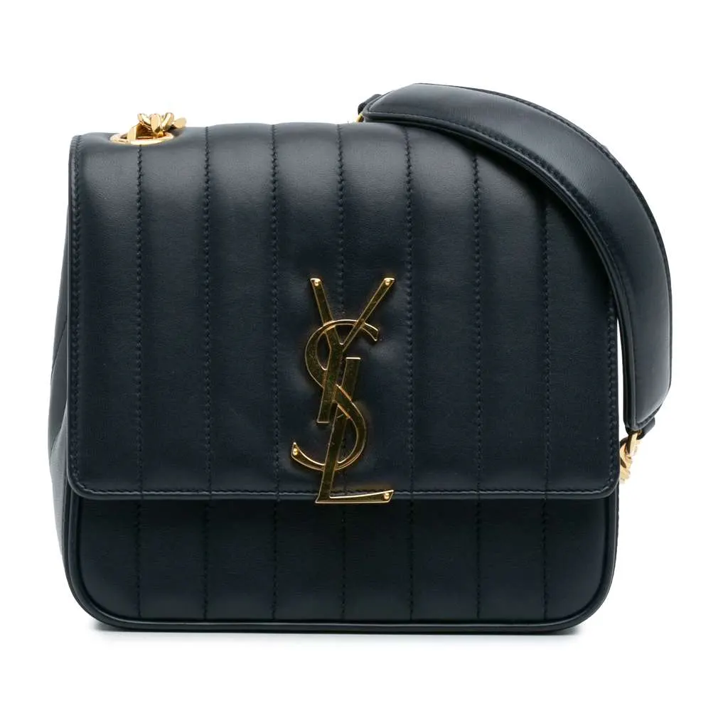 Saint Laurent Medium Lambskin Monogram Vicky Chain Bag Blue Leather Good - Front View