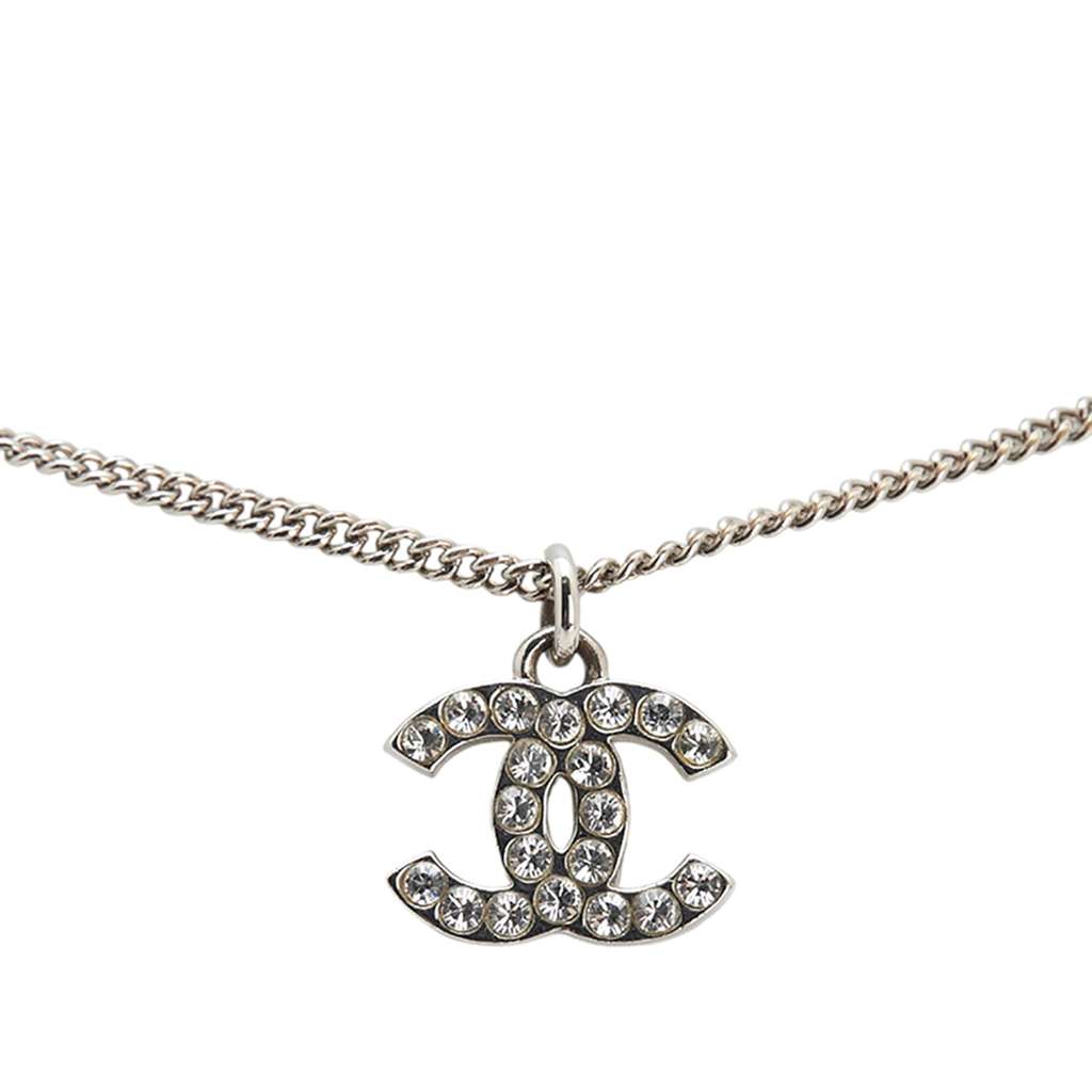 Chanel Silver Plated CC Rhinestones Pendant Necklace - 2