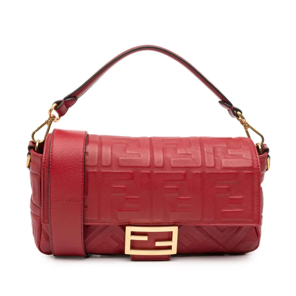 Fendi Zucca Embossed Leather Baguette Satchel Red Leather Good - Front View