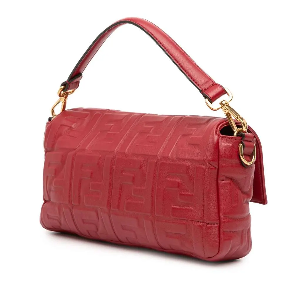 Fendi Zucca Embossed Leather Baguette Satchel Red Leather Good - Back View