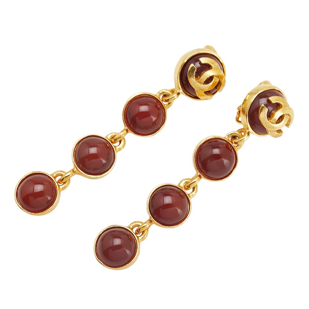 Chanel Gold Plated CC Gripoix Drop Clip On Earrings