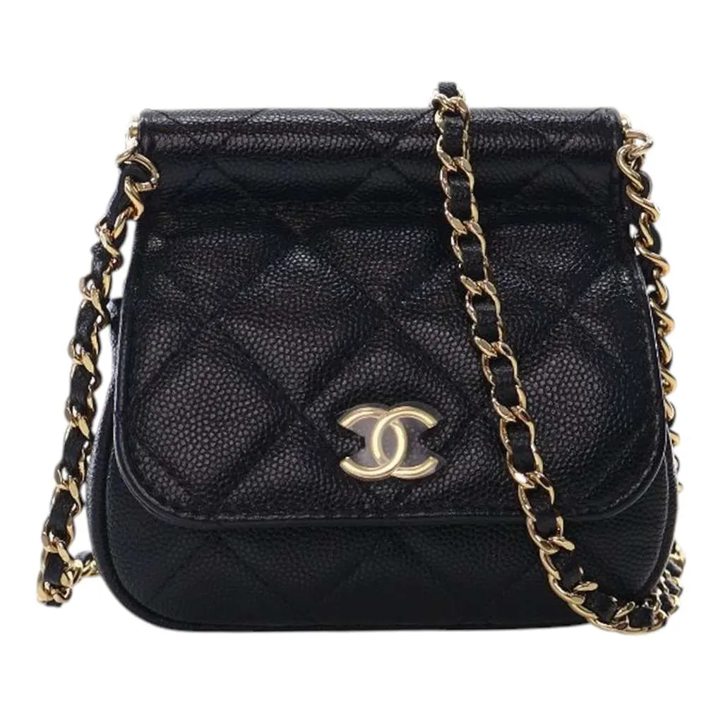 Chanel Mini Caviar Bar Clutch On Chain Black Leather Very good - Front View