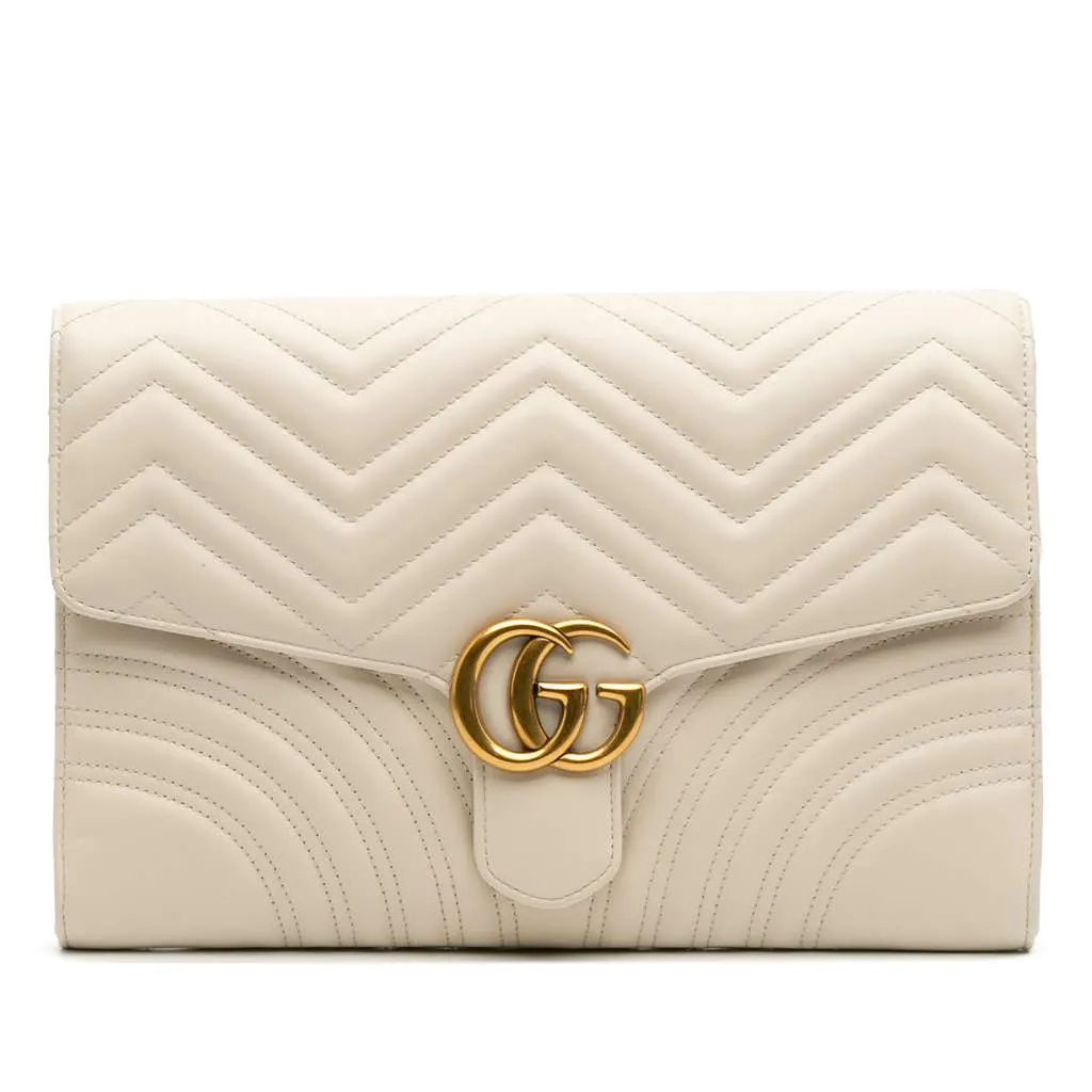 Gucci GG Marmont Matelasse Leather Flap Clutch White Leather Good - Front View
