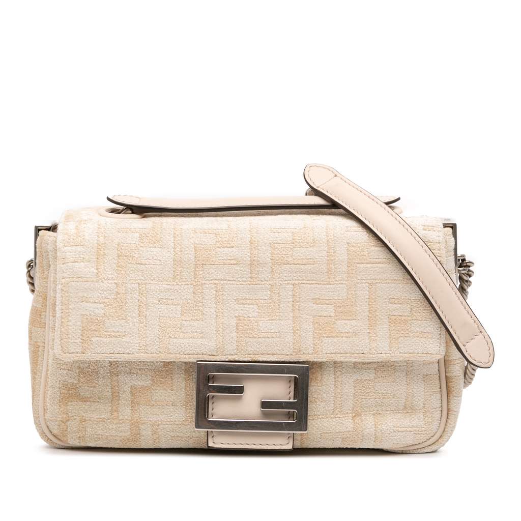 Fendi FF Chenille and Leather Chain Midi Baguette