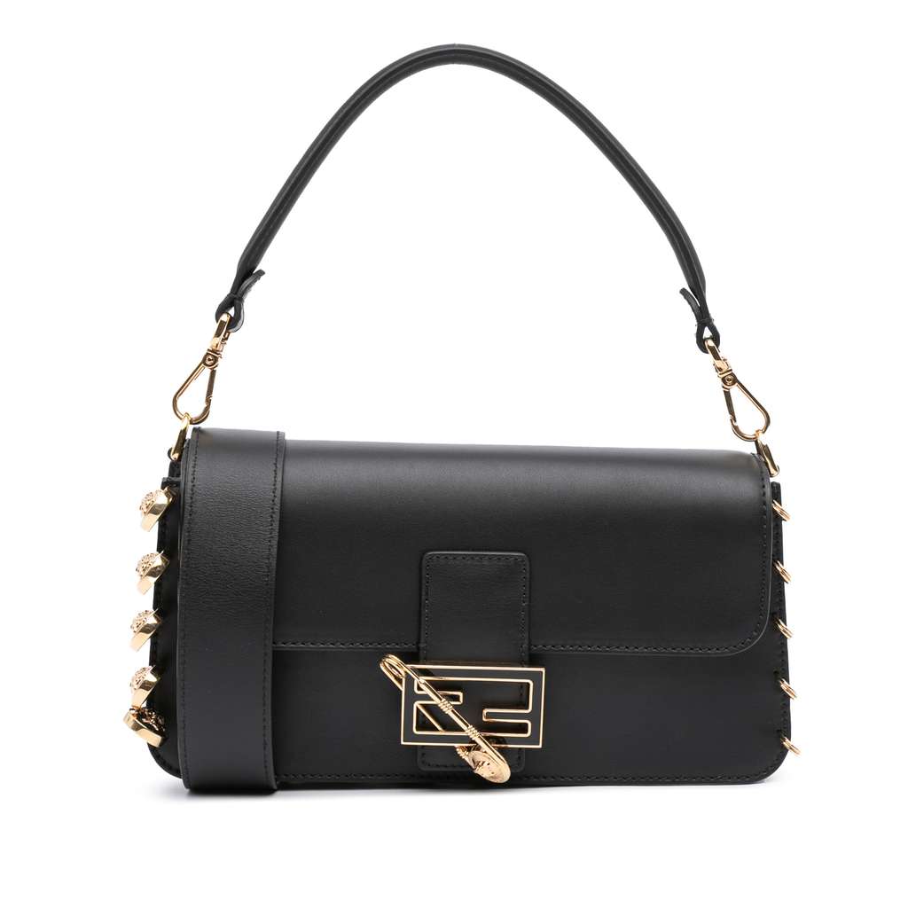 Fendi Versace Vitello Seta Fendace Brooch Baguette Satchel