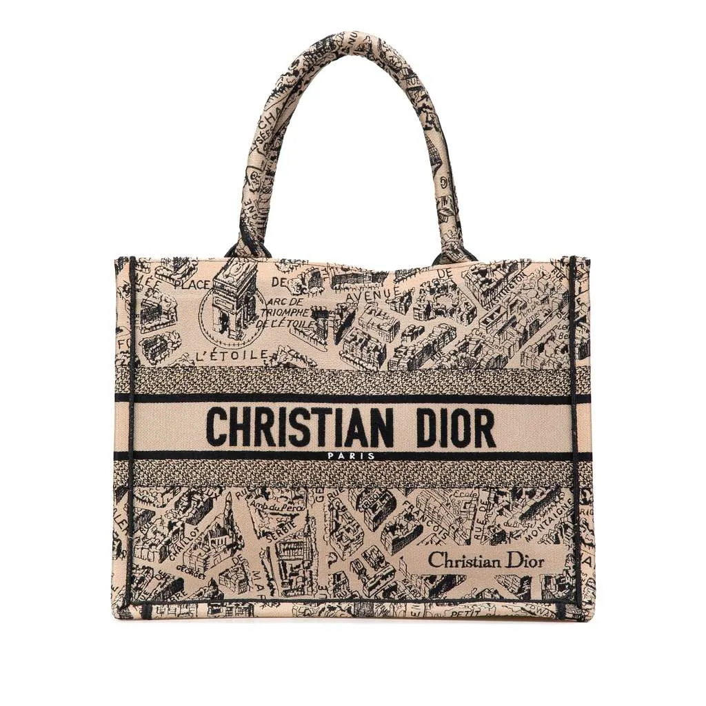 Dior Medium Embroidered Canvas Plan de Paris Book Tote Brown Canvas Good - Front View
