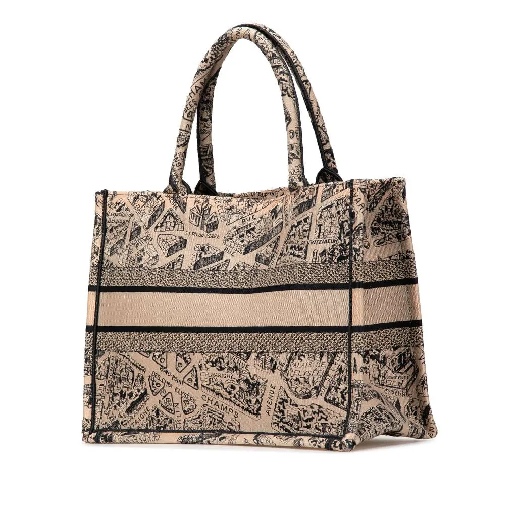 Dior Medium Embroidered Canvas Plan de Paris Book Tote Brown Canvas Good - Back View