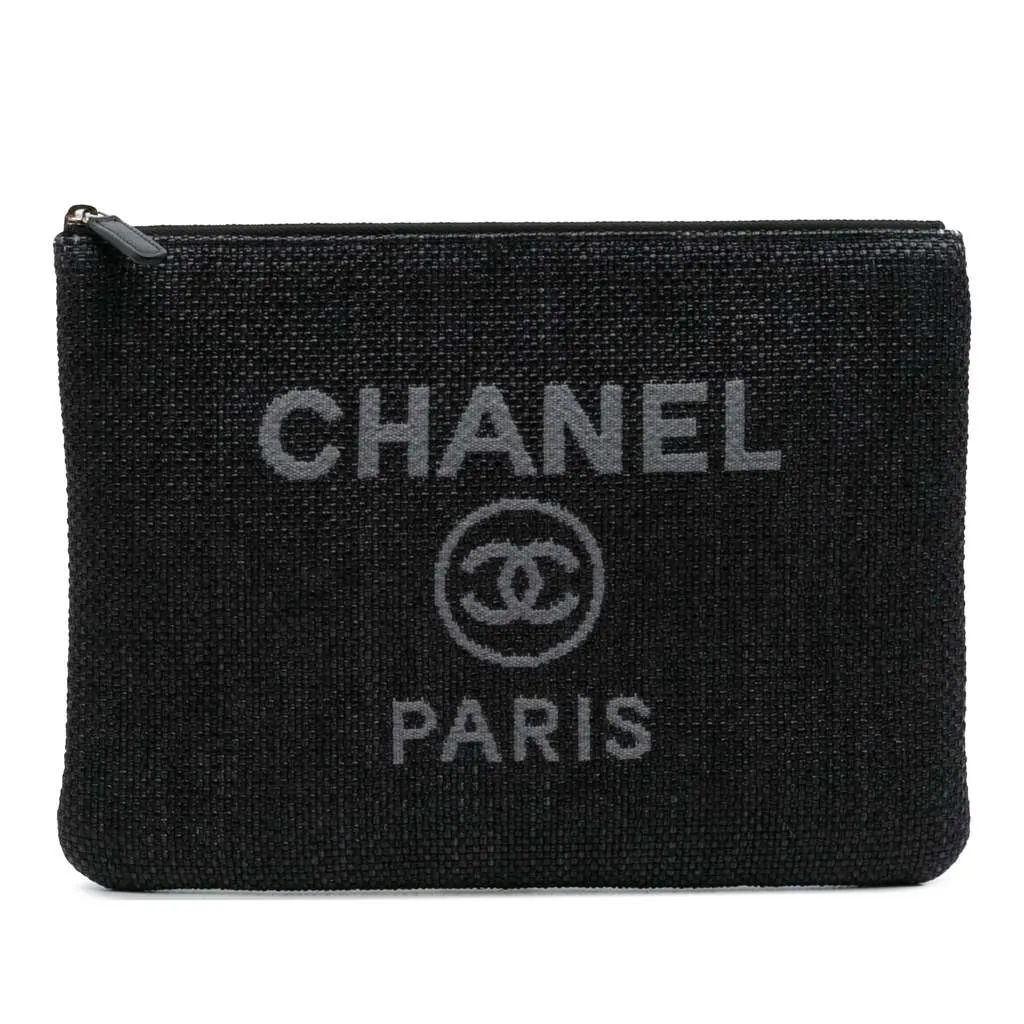 Chanel Medium Straw Deauville O Case Clutch Black Good - Front View