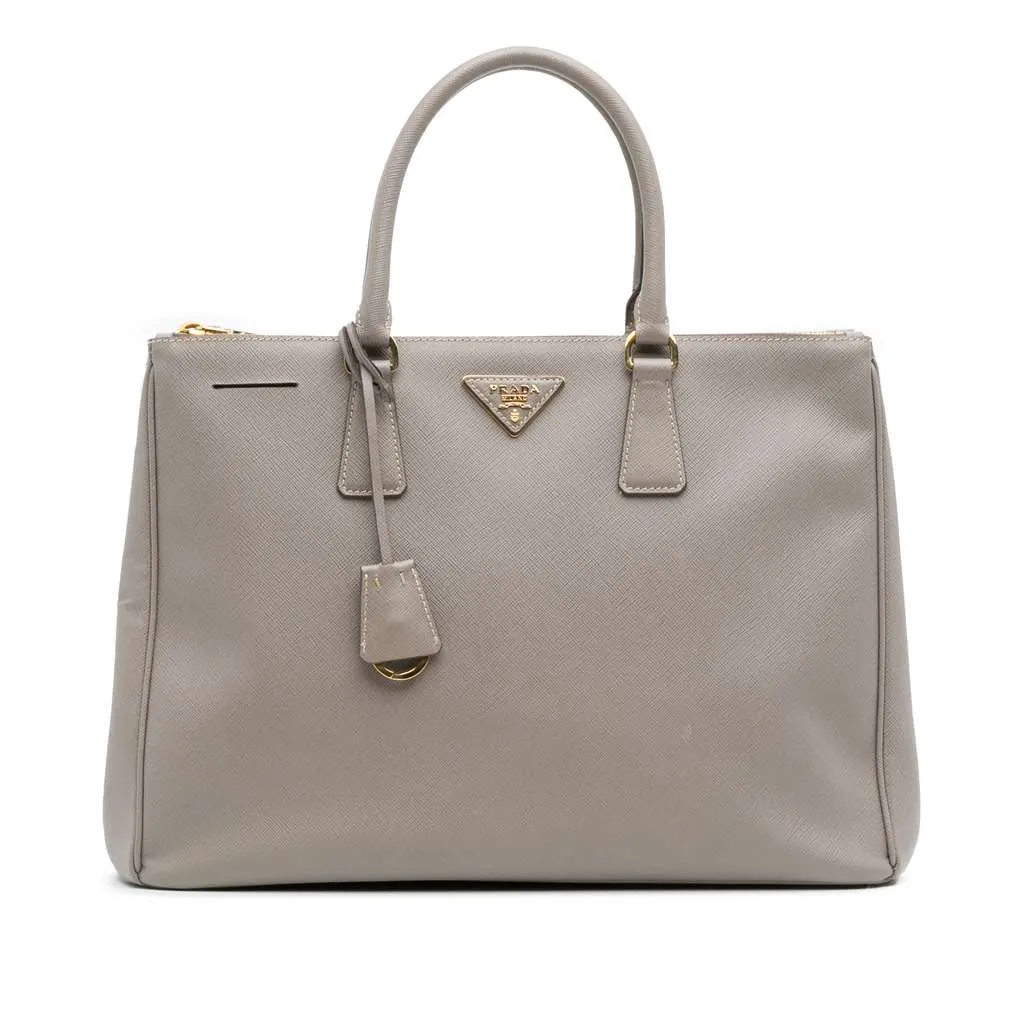 Prada Large Saffiano Lux Galleria Double Zip Satchel Grey Leather Good - Front View