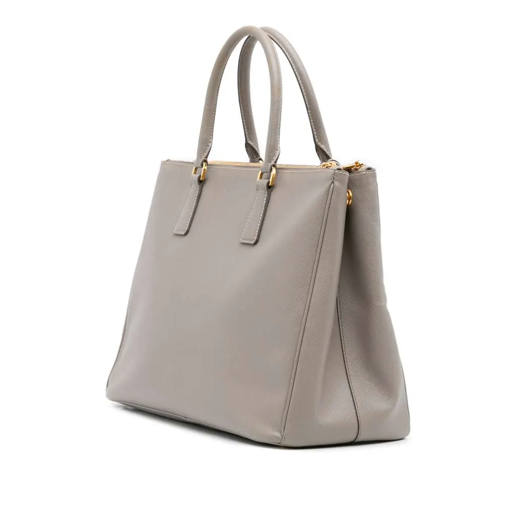 Prada Large Saffiano Lux Galleria Double Zip Satchel Grey Leather Good - Back View