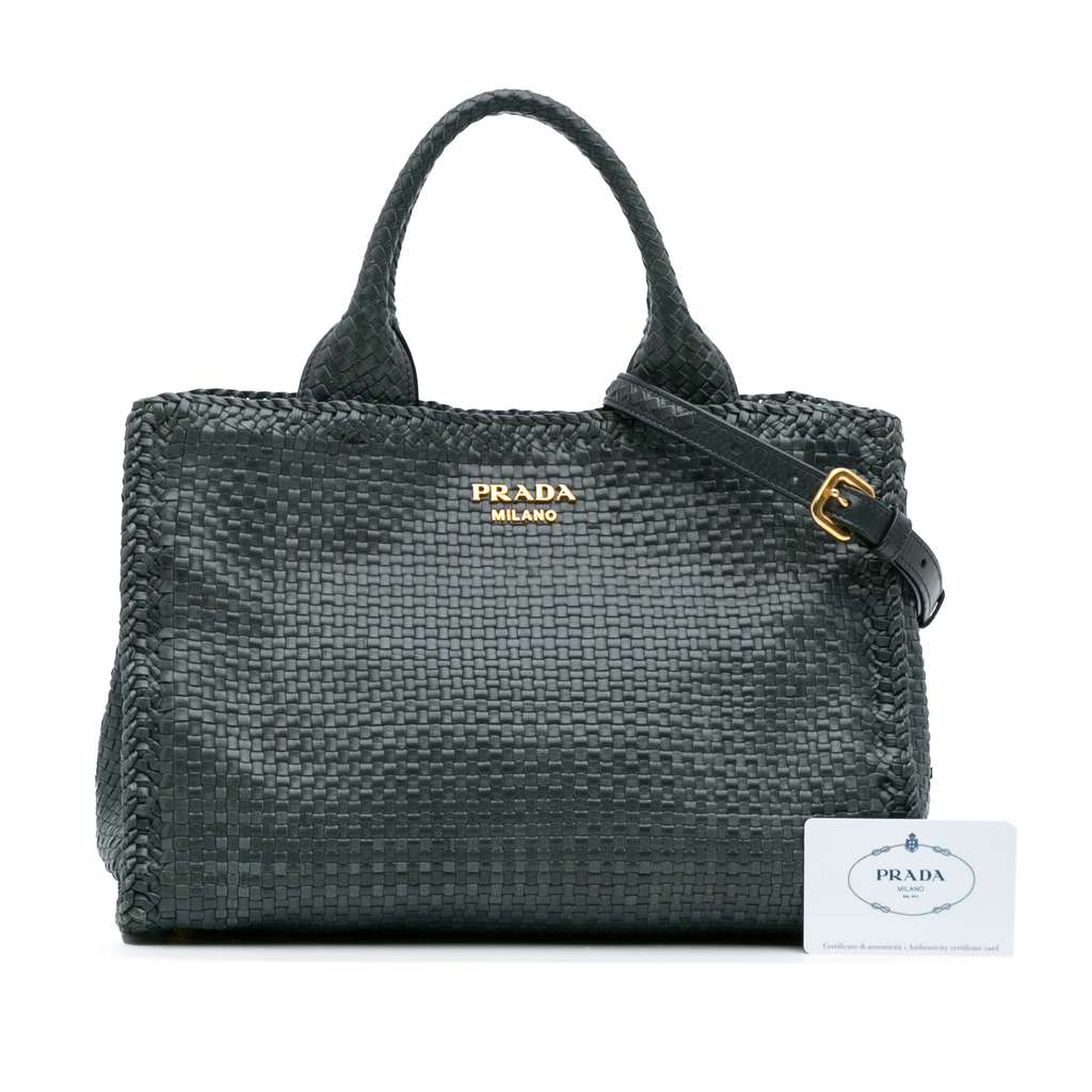 Prada Goatskin Woven Madras Satchel - Image 14