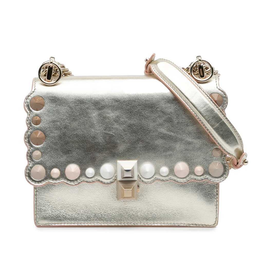 Fendi Small Scalloped Metallic Calfskin Studded Pearl Kan I Crossbody