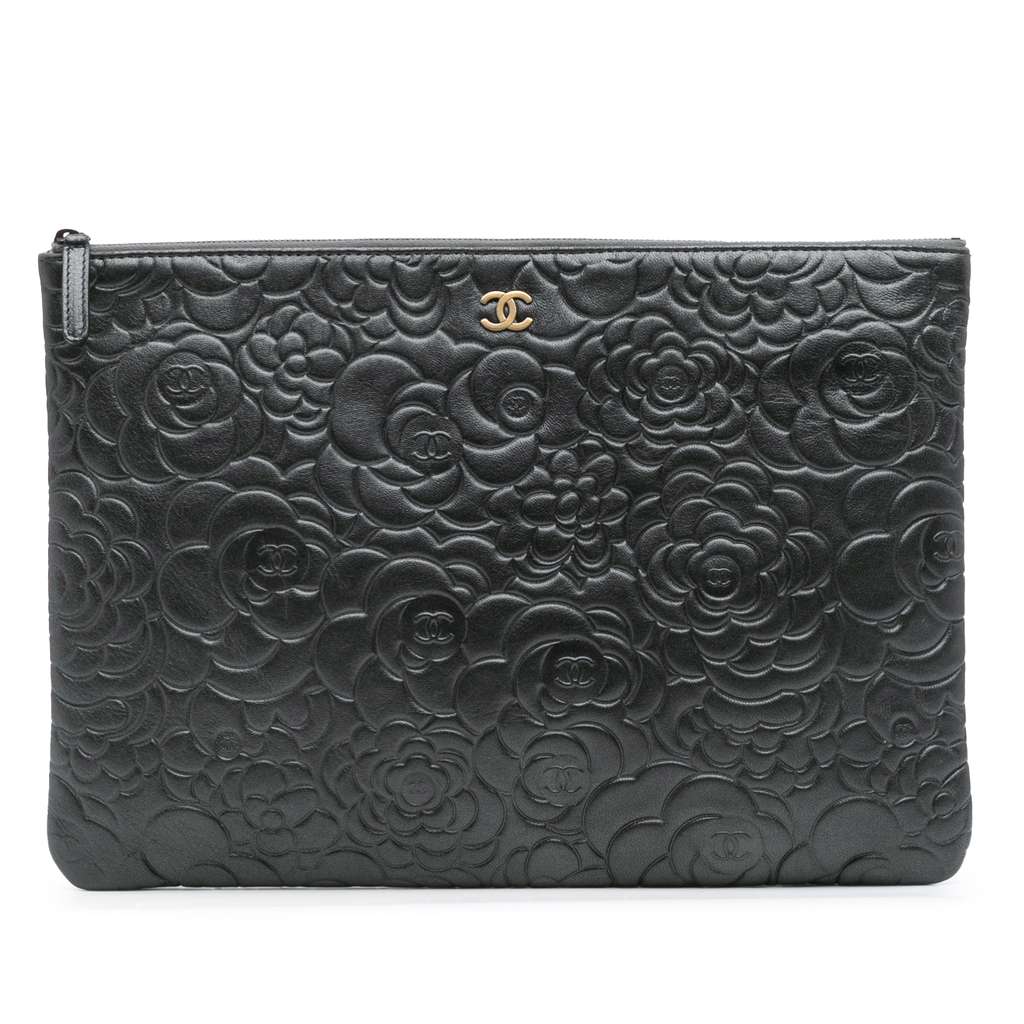Chanel Large CC Embossed Lambskin Camellia O Case Clutch