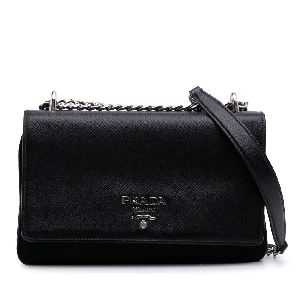 Prada Saffiano Trimmed Tessuto Chain Crossbody