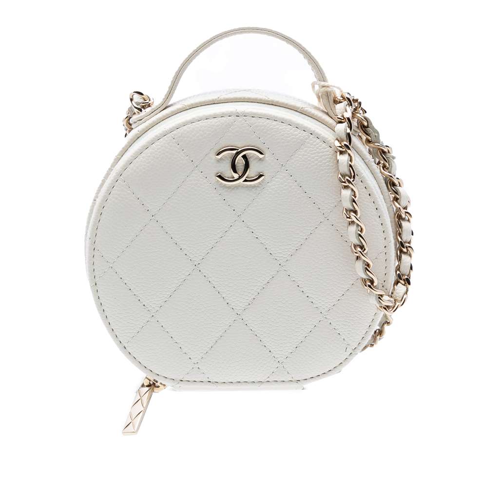 Chanel Quilted Caviar Handle With Care Round Vanity Case with Chain