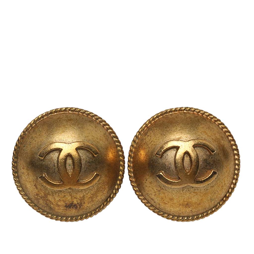 Chanel CC Gold Plated Round Button Clip on Earrings