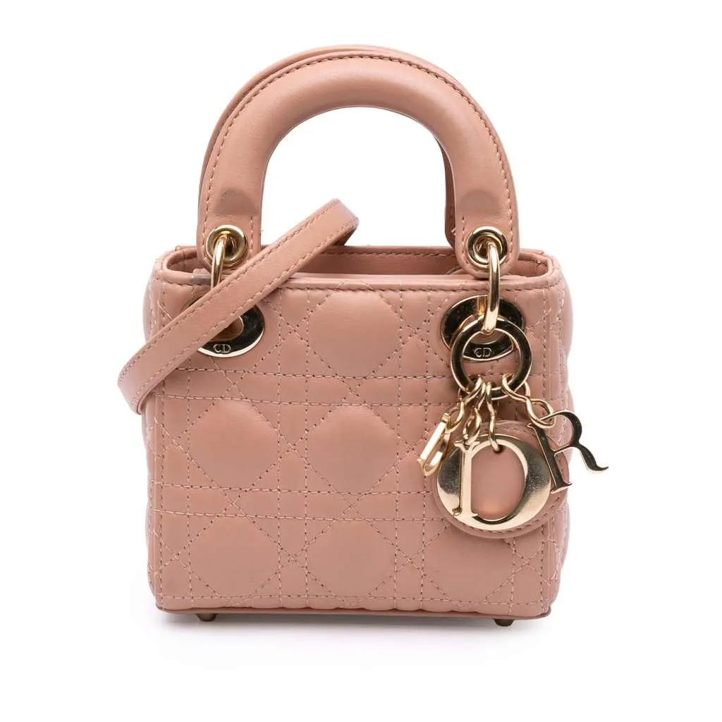 Dior Micro Lambskin Cannage Lady Dior Brown Leather Good - Front View