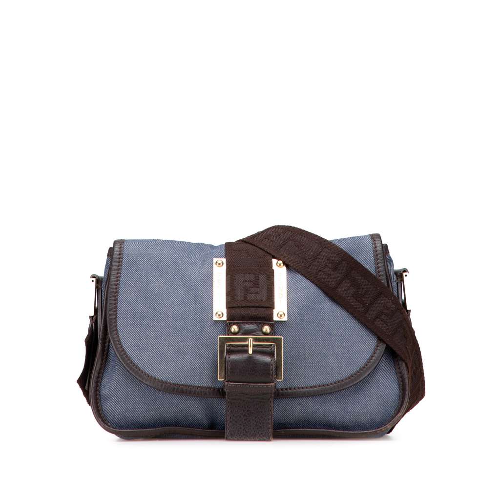 Fendi Zucca Trimmed Denim Buckle Flap Bag