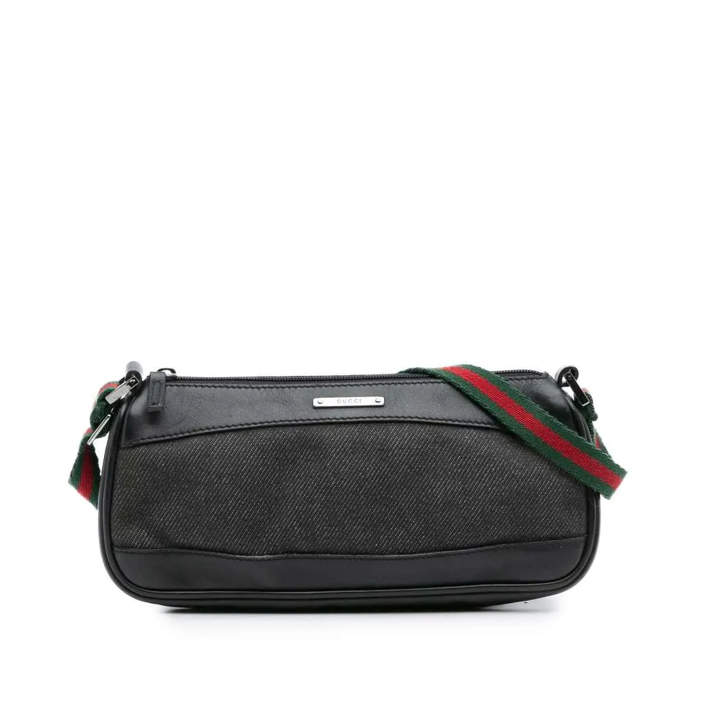 Gucci Denim Web Shoulder Bag Black Denim Good - Front View
