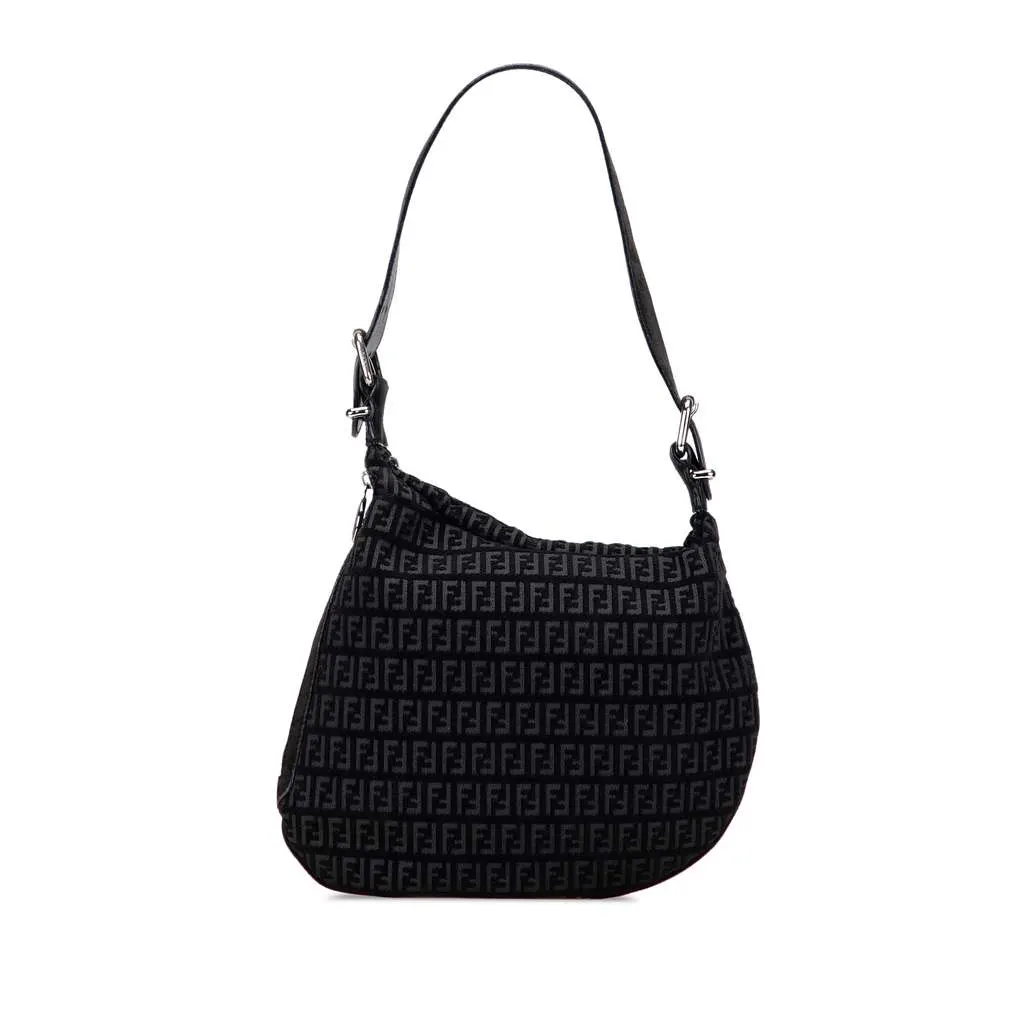 Fendi Zucchino Suede Oyster Shoulder Bag Black Leather Good - Front View