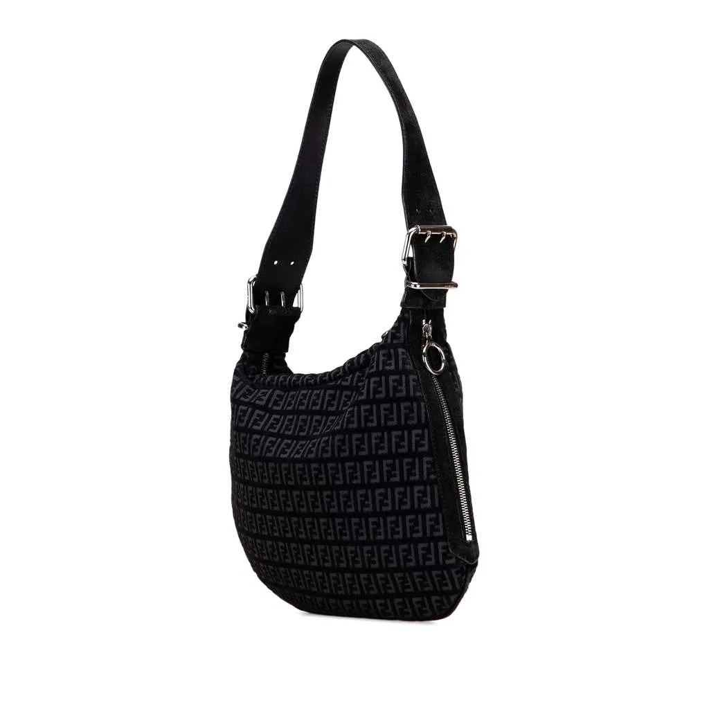 Fendi Zucchino Suede Oyster Shoulder Bag Black Leather Good - Back View