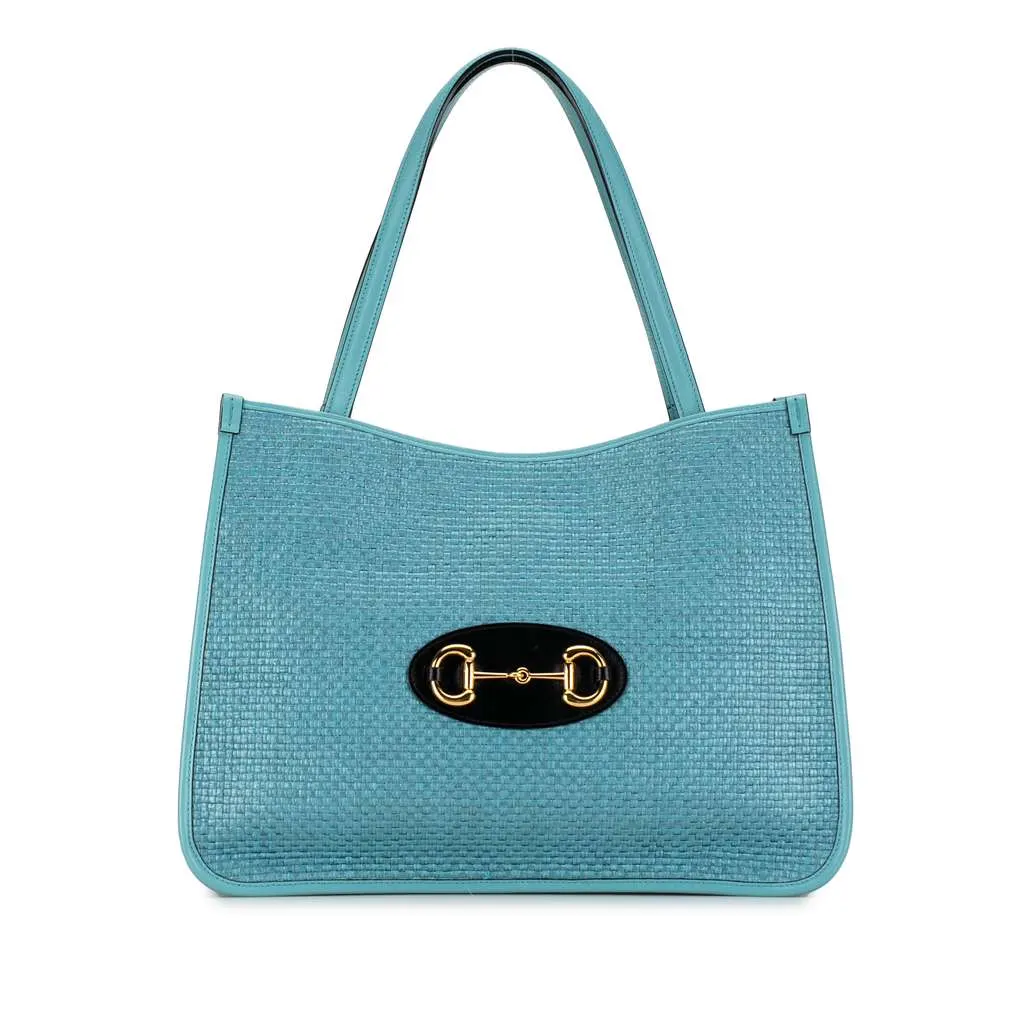 Gucci Medium Straw Horsebit 1955 Tote Blue Good - Front View