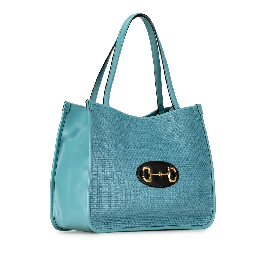 Gucci Medium Straw Horsebit 1955 Tote Blue Good - Back View