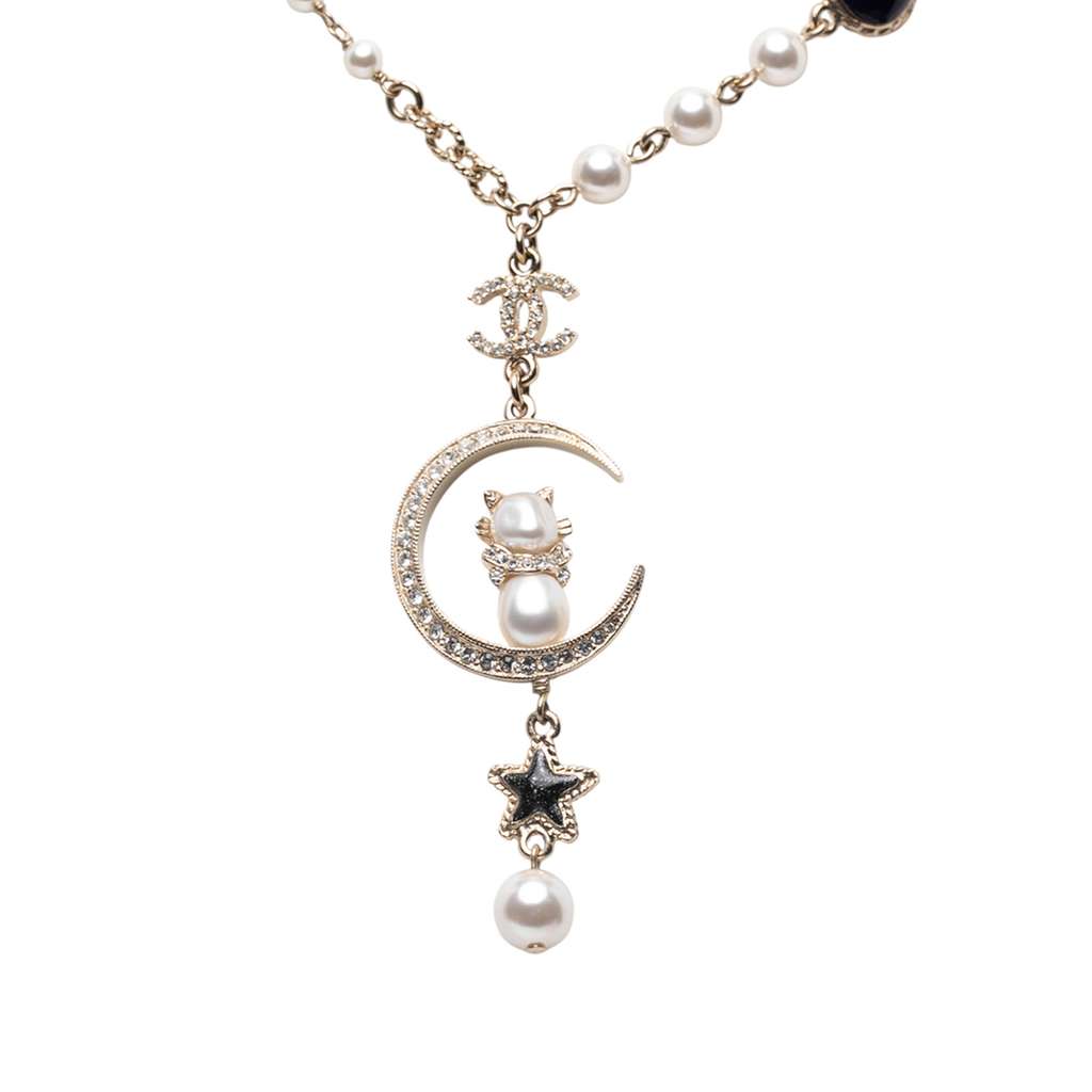 Chanel Gold Plated CC Rhinestones and Faux Pearl Sun Moon Cat Pendant Necklace