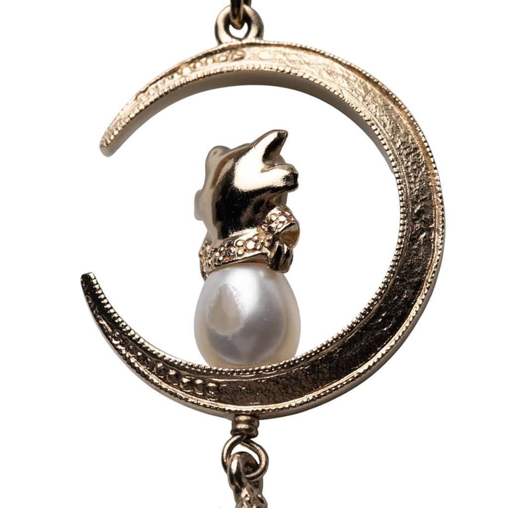 Chanel Gold Plated CC Rhinestones and Faux Pearl Sun Moon Cat Pendant Necklace - Back view