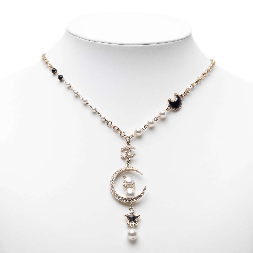 Chanel Gold Plated CC Rhinestones and Faux Pearl Sun Moon Cat Pendant Necklace - 4