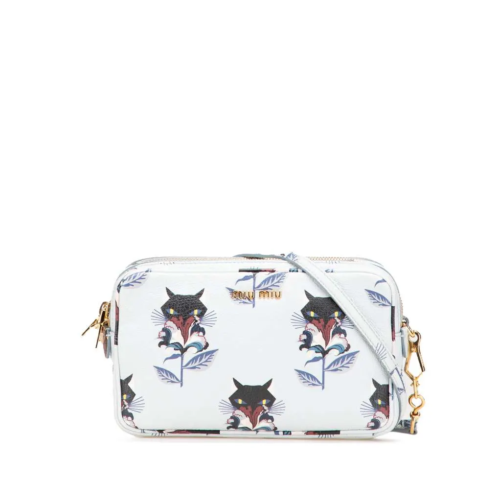 Miu Miu Goatskin Madras Cat Print Double Zip Crossbody Blue Leather Good - Front View