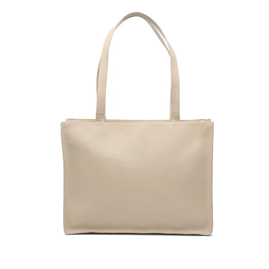Chanel Lambskin Embossed CC Camellia Tote Brown Leather Good - Front View