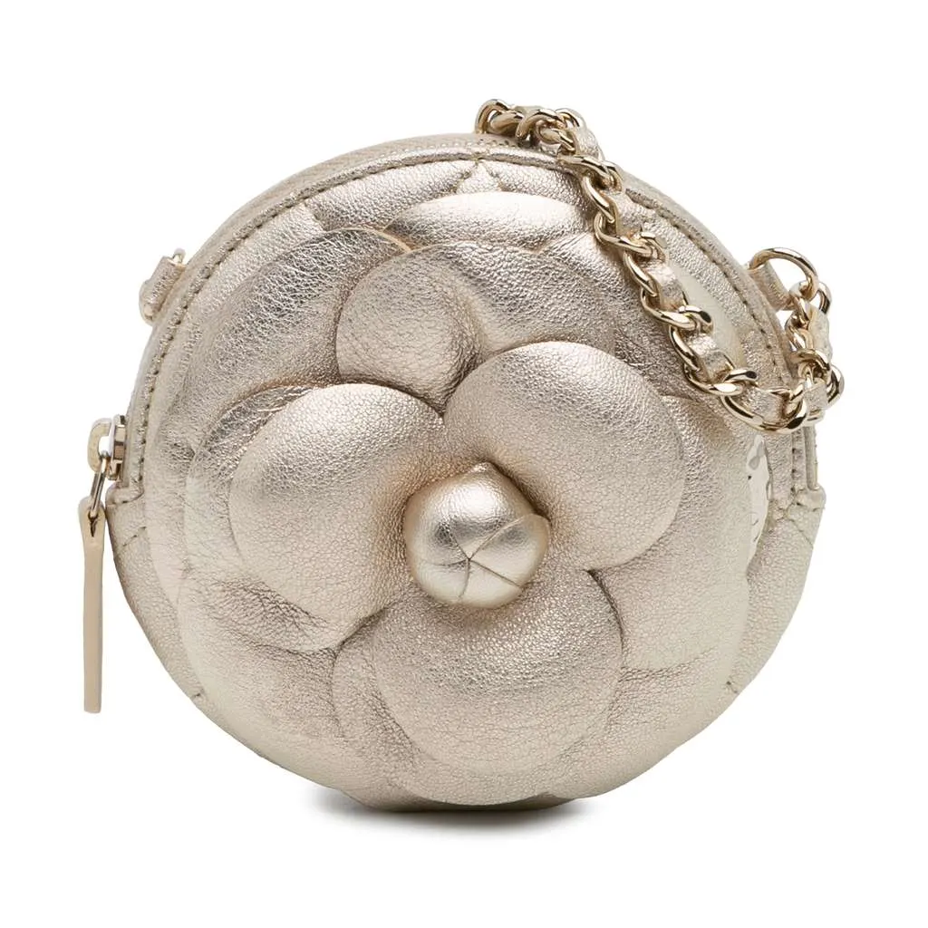 Chanel Mini CC Metallic Lambskin Camellia Bouquet Round Clutch on Chain Gold Leather Good - Front View