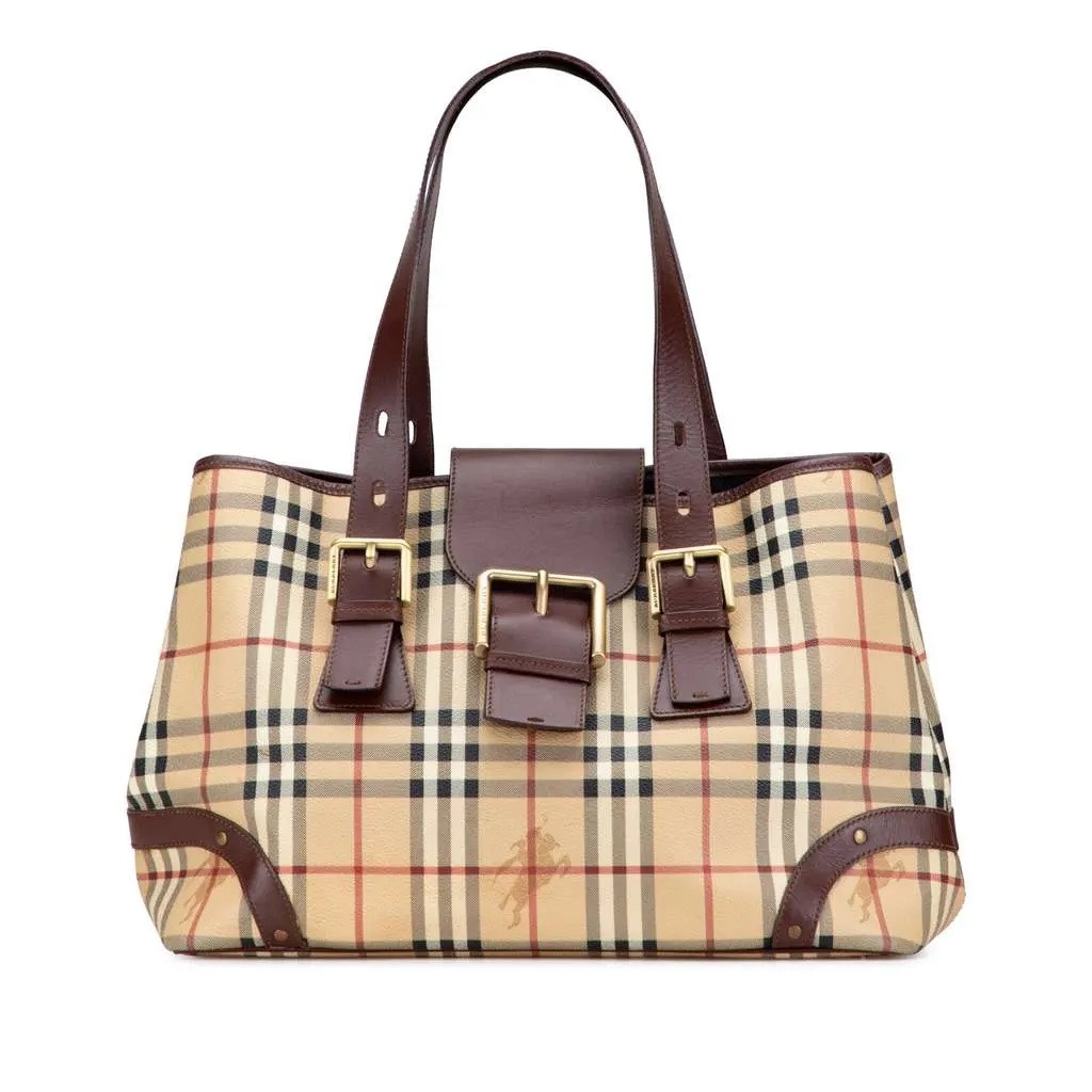 Burberry Haymarket Check Coated Canvas Tote Brown Canvas Good - Front View