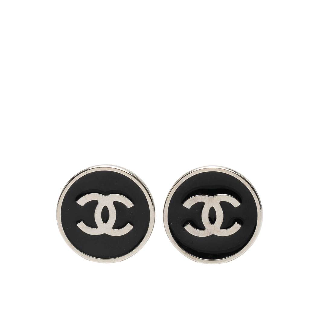 Chanel Silver Plated and Enamel CC Round Button Clip On Earrings