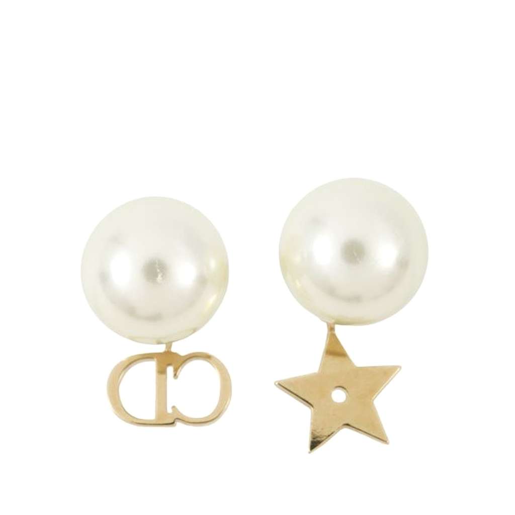 Dior Gold Plated Faux Pearl Logo and Star Tribales Drop Push Back Earrings - 2