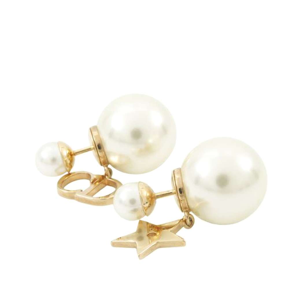 Dior Gold Plated Faux Pearl Logo and Star Tribales Drop Push Back Earrings - 3