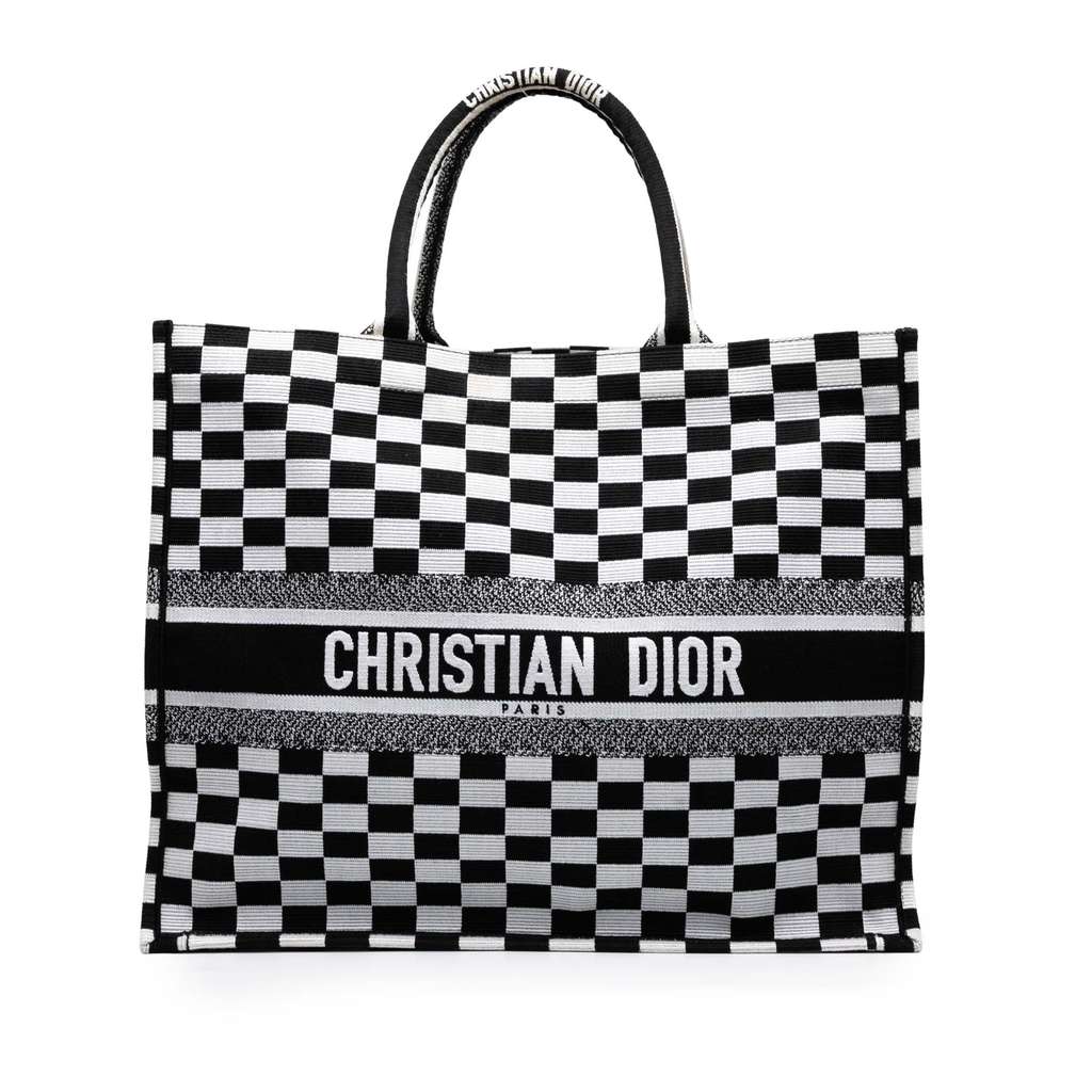 Dior Large Embroidered Canvas Checkered Book Tote