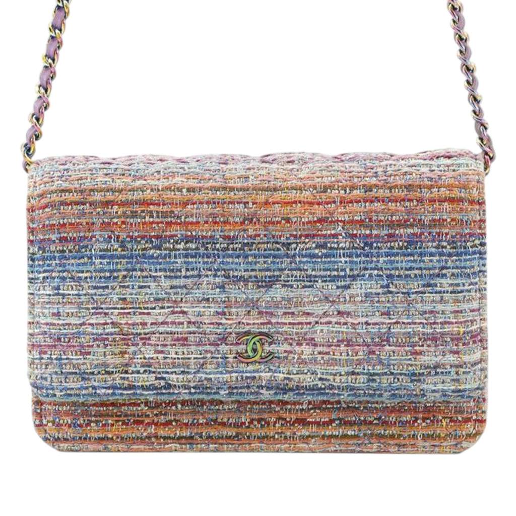 Chanel CC Quilted Tweed Rainbow Hardware Wallet on Chain