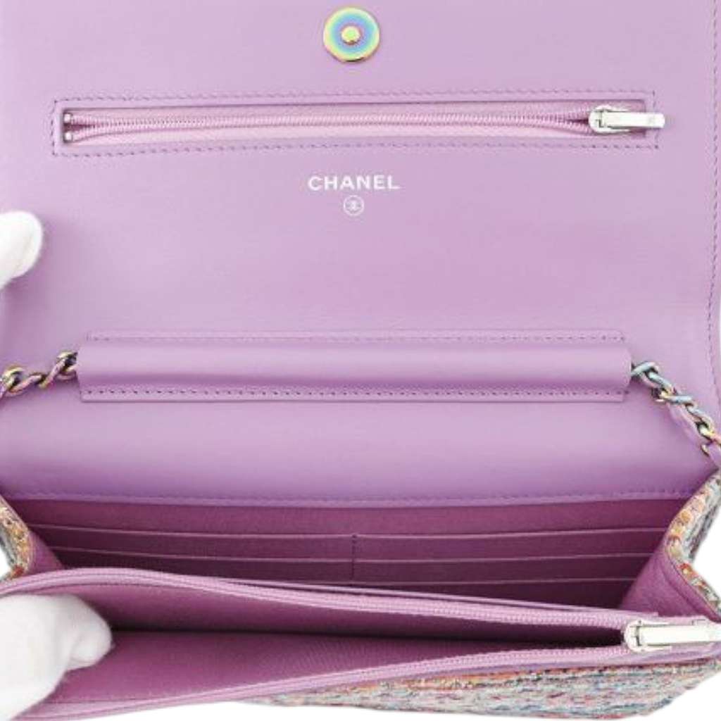 Chanel CC Quilted Tweed Rainbow Hardware Wallet on Chain - 4