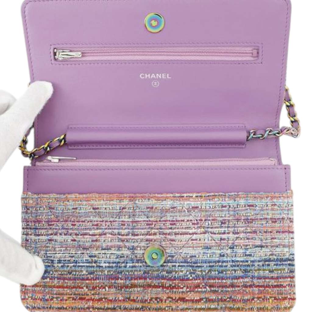 Chanel CC Quilted Tweed Rainbow Hardware Wallet on Chain - Image 11