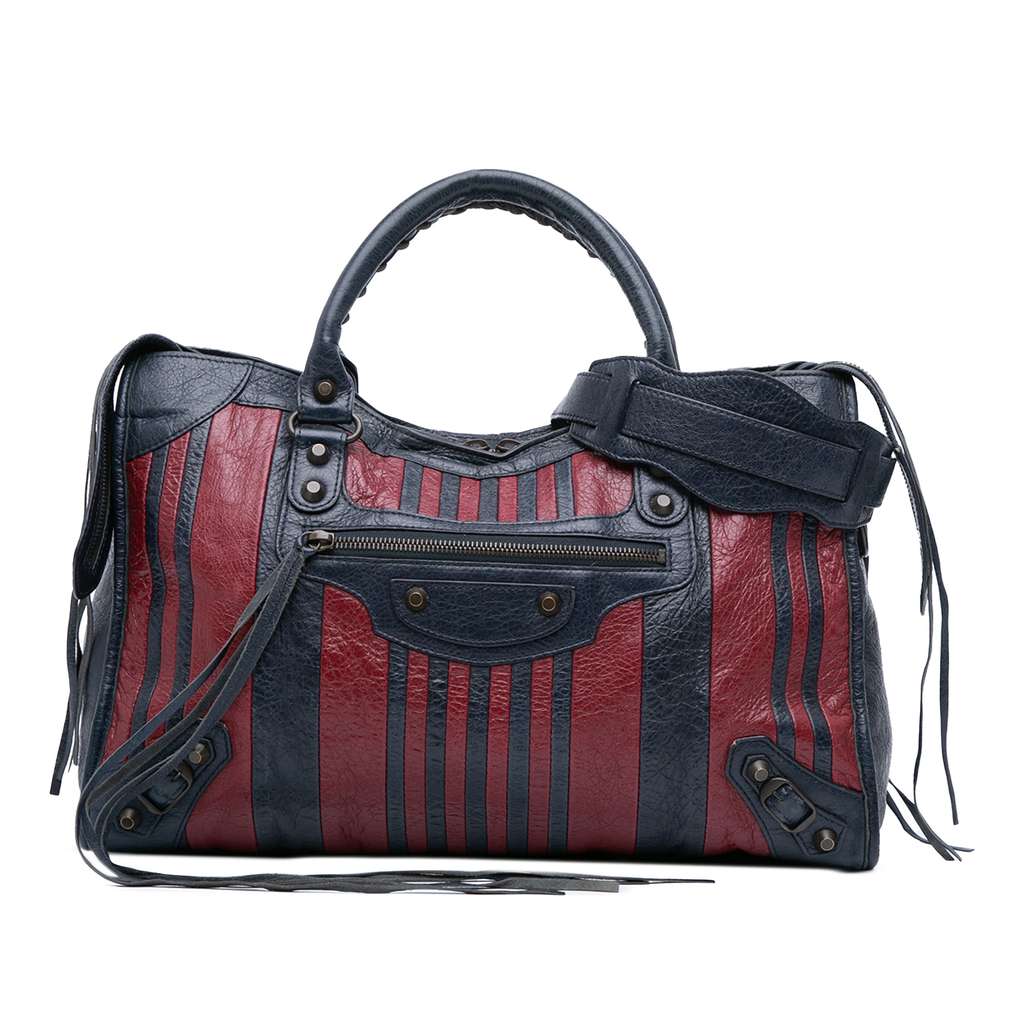 Balenciaga Lambskin Motocross Classic Striped City Satchel