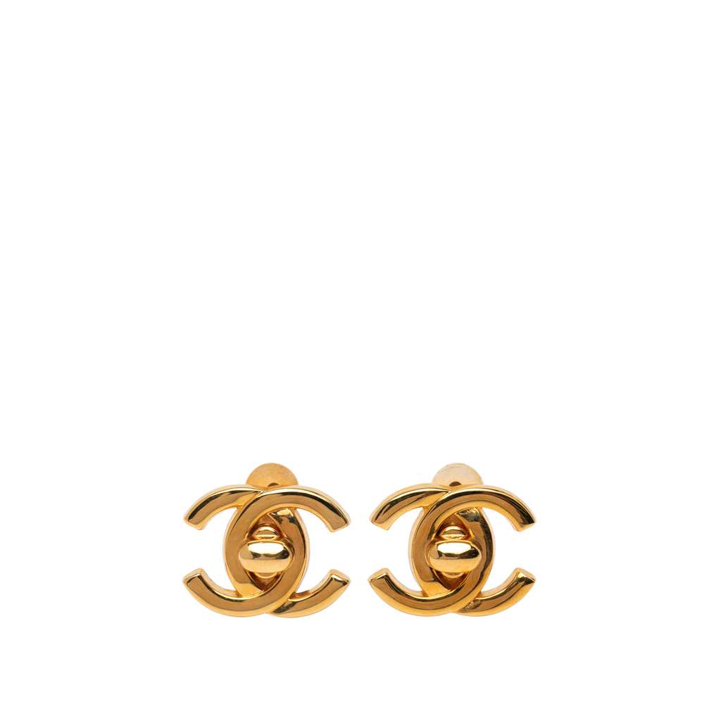 Chanel Gold Plated CC Turn Lock Clip on Earrings