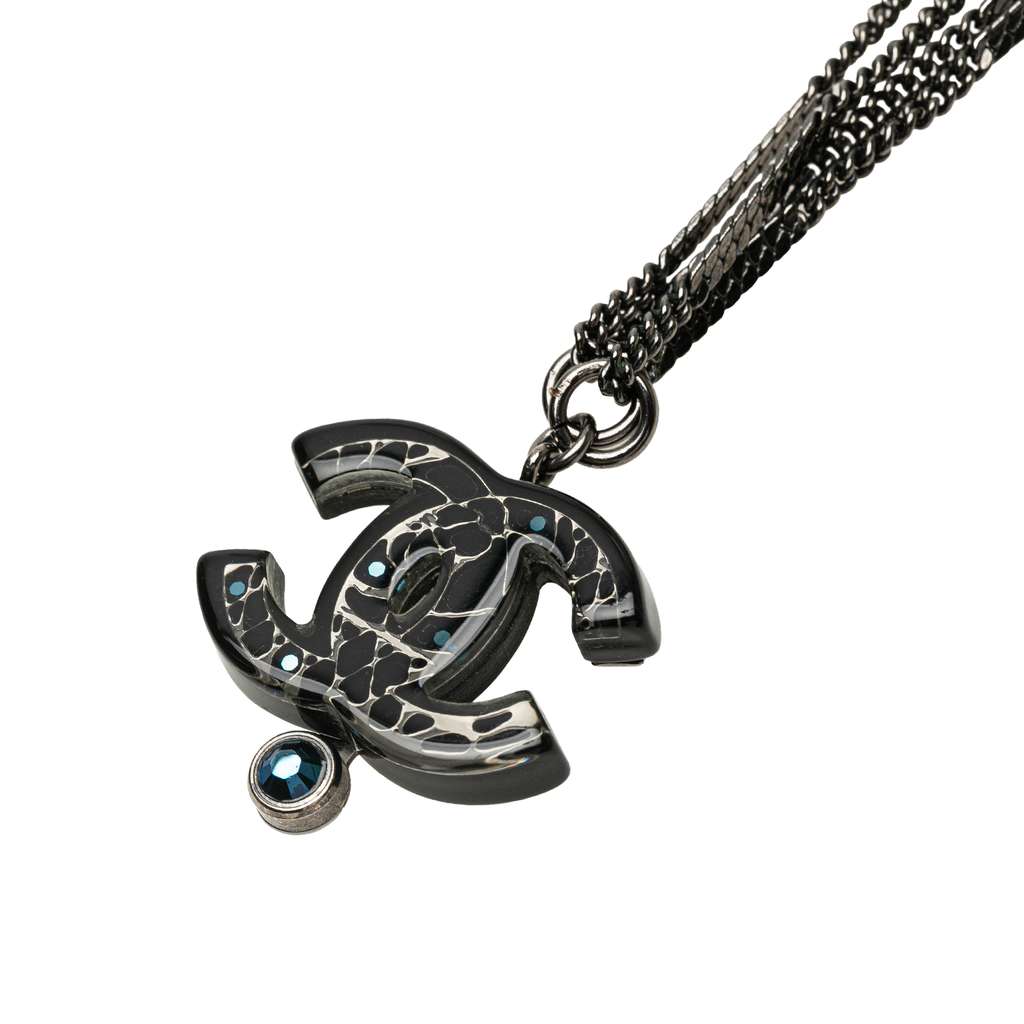 Chanel Ruthenium Resin Faux Pearl and Crystal Double Chain Necklace - 5