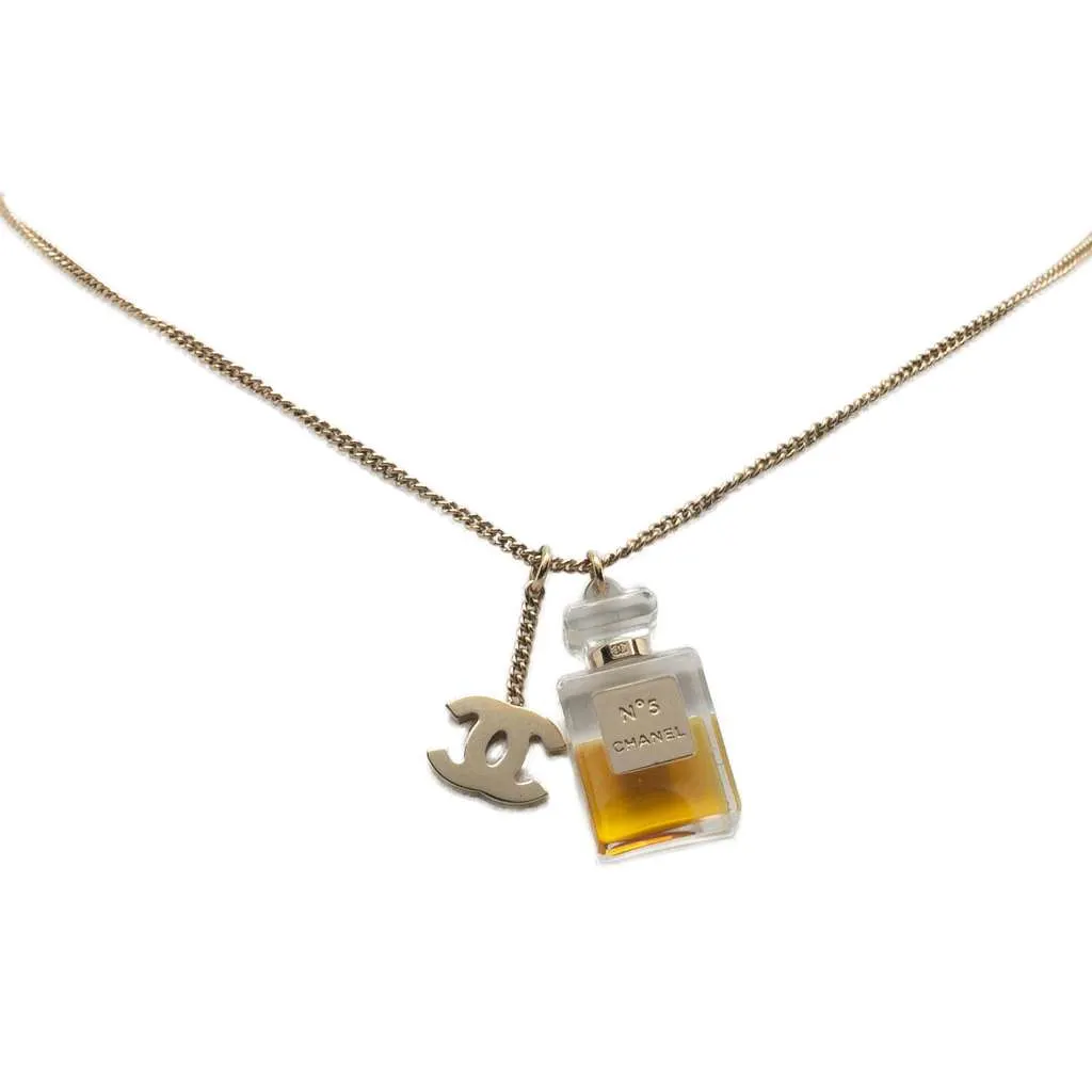 Chanel Gold Plated CC No.5 Perfume Bottle Pendant Necklace Gold Metal Good - Front View