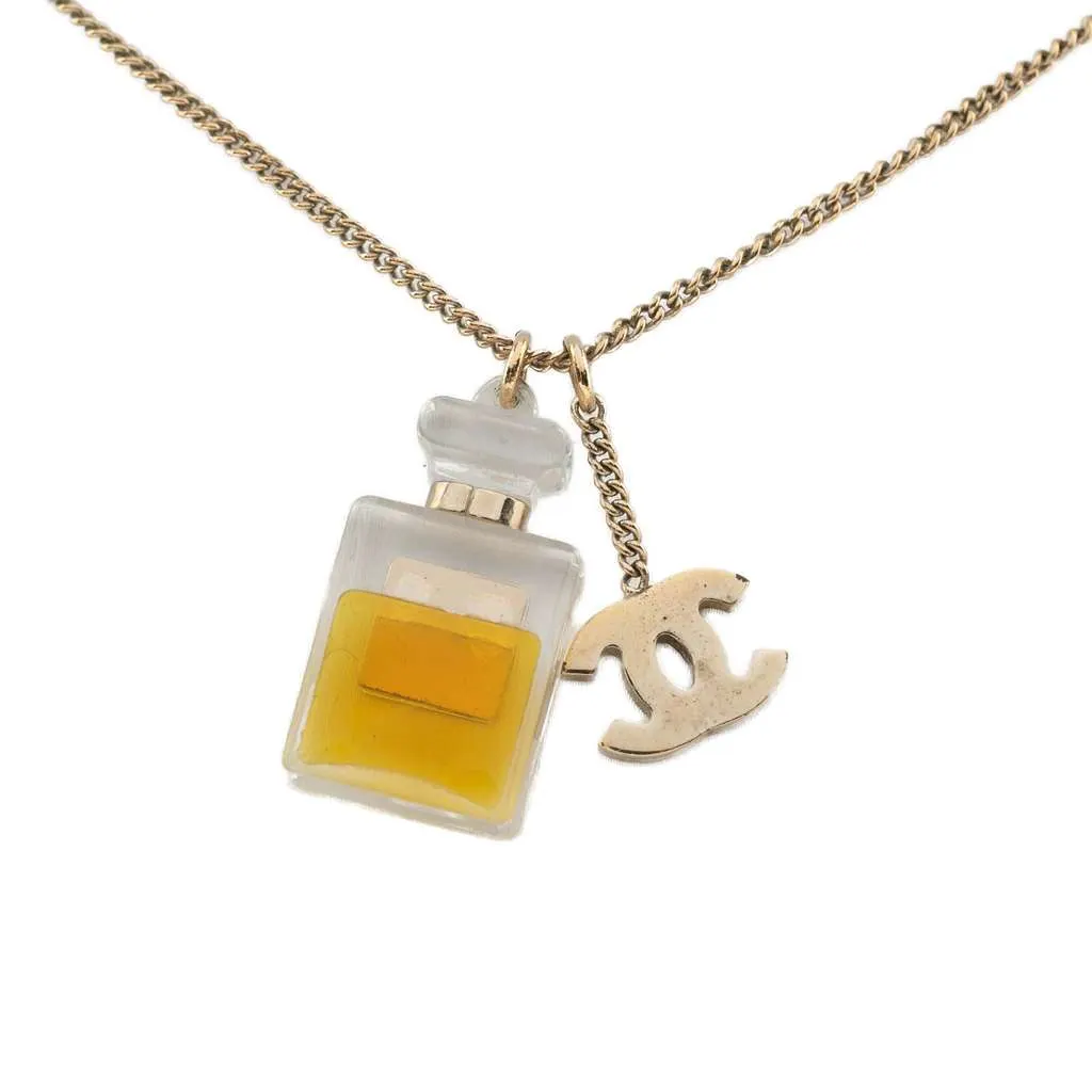 Chanel Gold Plated CC No.5 Perfume Bottle Pendant Necklace Gold Metal Good - Back View