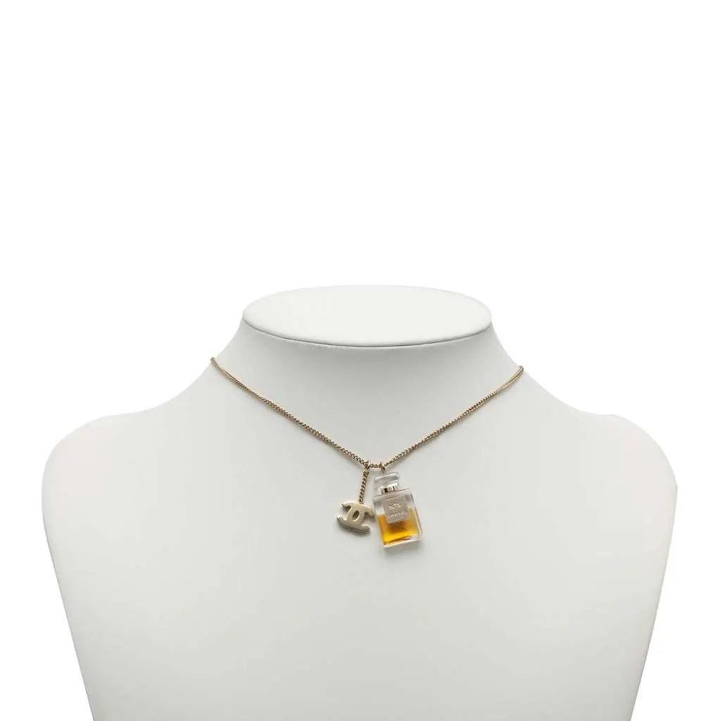 Chanel Gold Plated CC No.5 Perfume Bottle Pendant Necklace Gold Metal Good - Box View