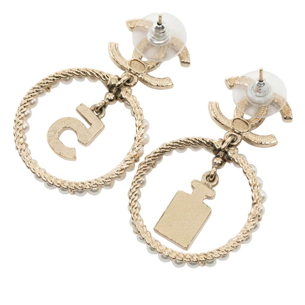 Chanel Gold Plated CC Crystal Faux Pearl and No 5 Perfume Bottle Drop Push Back Earrings - 2
