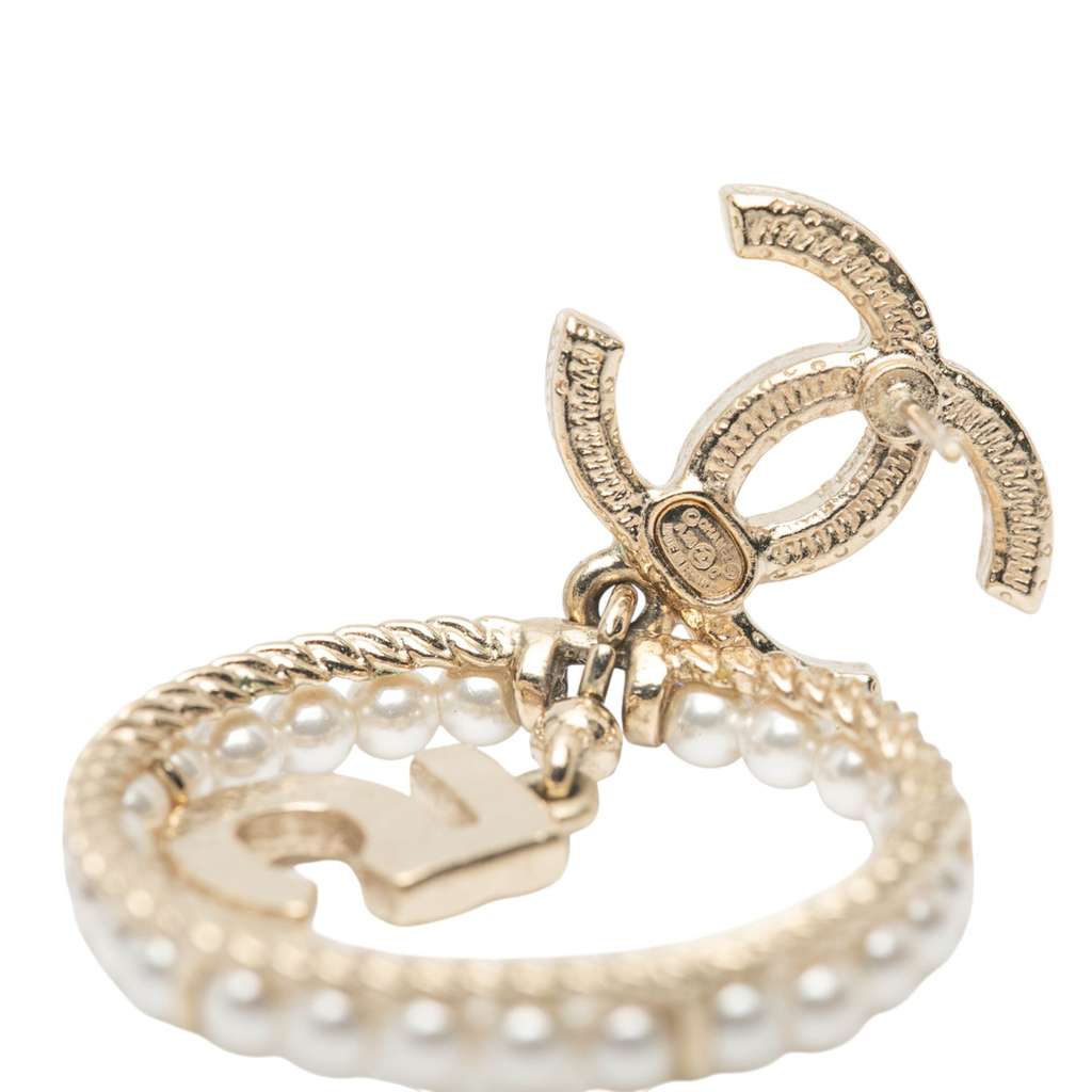 Chanel Gold Plated CC Crystal Faux Pearl and No 5 Perfume Bottle Drop Push Back Earrings - 3